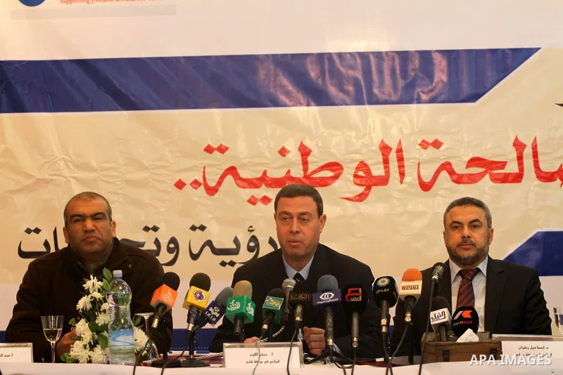 Palestinian Senior Hamas Leader Ismail Radwan, and representative of the Fatah Ziab El- Louh during Press conference to learn the latest developments the reconciliation agreement between Fatah and Hamas factions in Gaza...