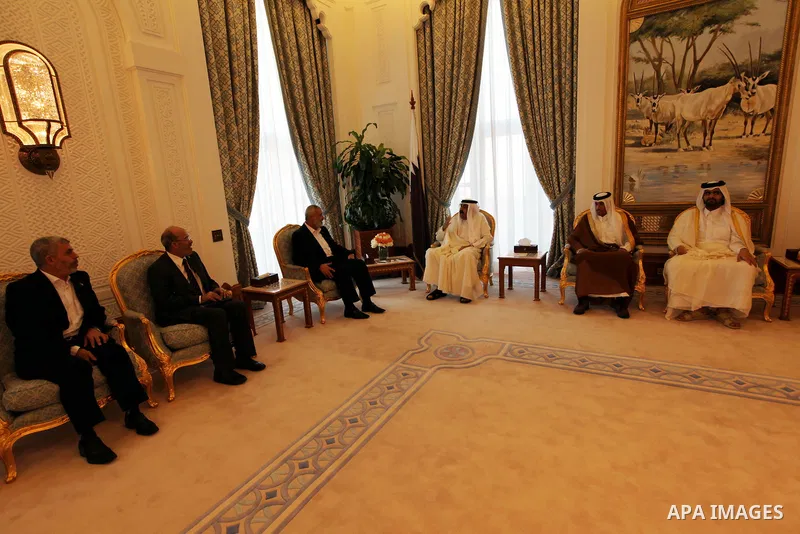 Palestinian Prime Minister in Gaza Strip, Ismail Haniyah meets with the Qatari Emir Sheikh Hamad bin Khalifa Al Thani in the Qatari capital of Doha on Jan. 31,2012. Photo by Mohammed Al-Ostaz