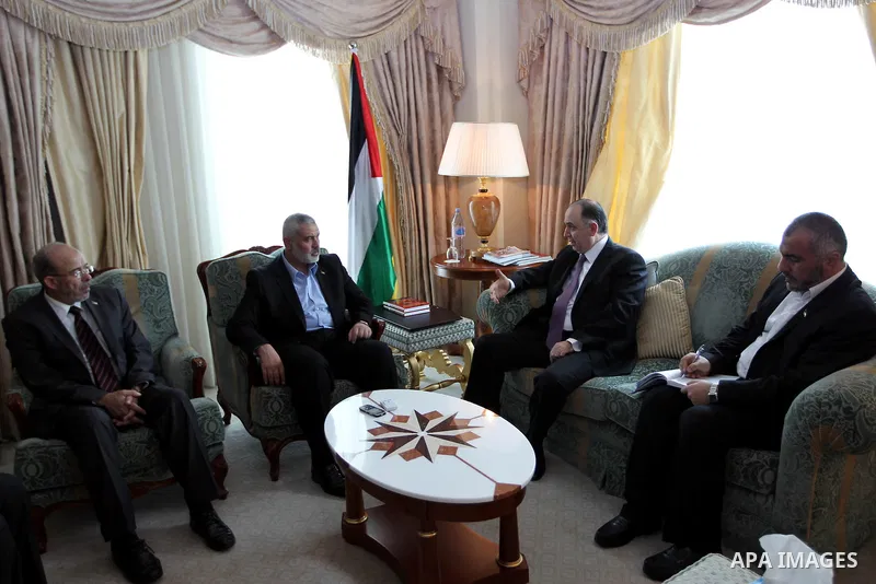 Palestinian Prime Minister in Gaza Strip, Ismail Haniyah meets with Lebanese Ambassador to the Qatar in the Qatari capital of Doha on Feb. 01, 2012. Photo by Mohammed Al-Ostaz