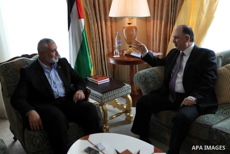 Palestinian Prime Minister in Gaza Strip, Ismail Haniyah meets with Lebanese Ambassador to the Qatar in the Qatari capital of Doha on Feb. 01, 2012. Photo by Mohammed Al-Ostaz
