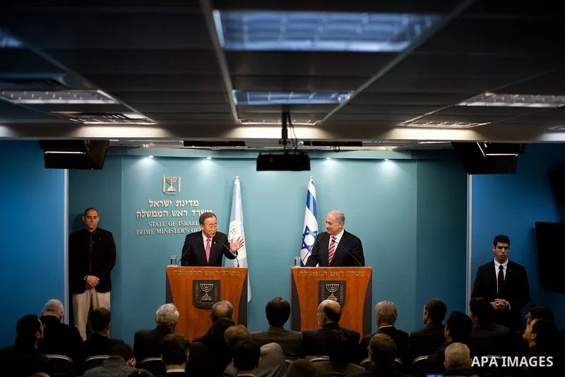 JERUSALEM, ISRAEL - FEBRUARY 01: Israeli Prime Minister Benjamin Netanyahu and UN Secretary-General Ban Ki-moon, as they hold a joint Press Conference on February, 01, 2012. at the Prime Minister's office in Jerusalem, I...