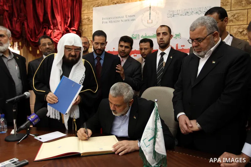 Palestinian Prime Minister in Gaza Strip, Ismail Haniyah, speaks during a meeting at the International Union for Muslim Scholars in the Qatari capital Doha on Feb. 01, 2012. Haniya is on the first leg of a regional tour...