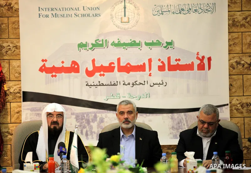 Palestinian Prime Minister in Gaza Strip, Ismail Haniyah, speaks during a meeting at the International Union for Muslim Scholars in the Qatari capital Doha on Feb. 01, 2012. Haniya is on the first leg of a regional tour...
