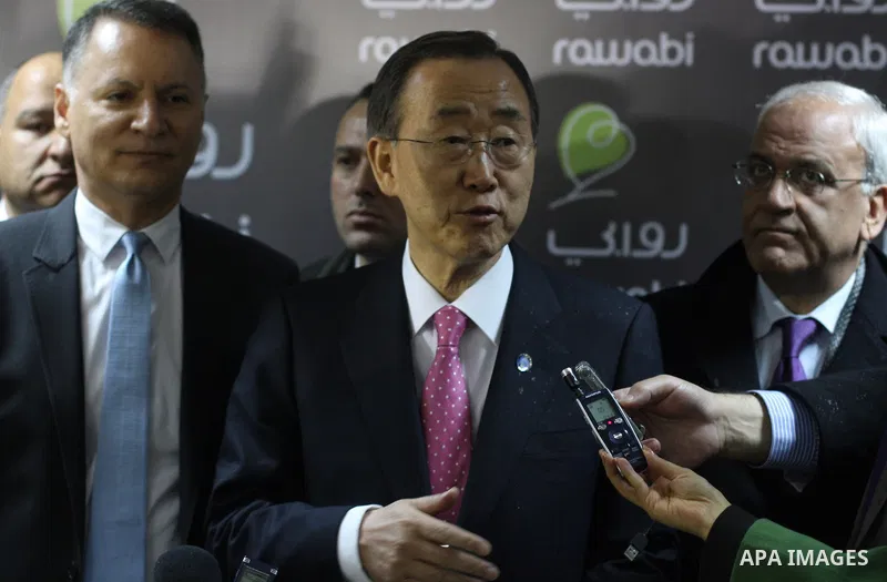 UN Secretary-General Ban Ki-moon visits Rawabi, a massive new investment project just north of the west bank city of Ramallah on February 1, 2012. Ban, meeting officials in Jerusalem, called on Israel to refrain from set...