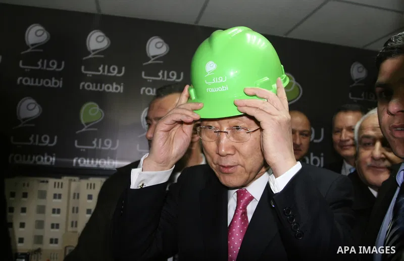 UN Secretary-General Ban Ki-moon visits Rawabi, a massive new investment project just north of the west bank city of Ramallah on February 1, 2012. Ban, meeting officials in Jerusalem, called on Israel to refrain from set...