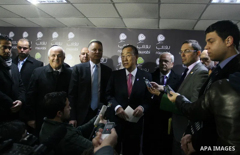 UN Secretary-General Ban Ki-moon visits Rawabi, a massive new investment project just north of the west bank city of Ramallah on February 1, 2012. Ban, meeting officials in Jerusalem, called on Israel to refrain from set...