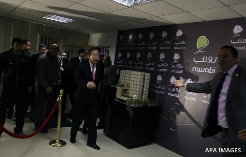 UN Secretary-General Ban Ki-moon visits Rawabi, a massive new investment project just north of the west bank city of Ramallah on February 1, 2012. Ban, meeting officials in Jerusalem, called on Israel to refrain from set...
