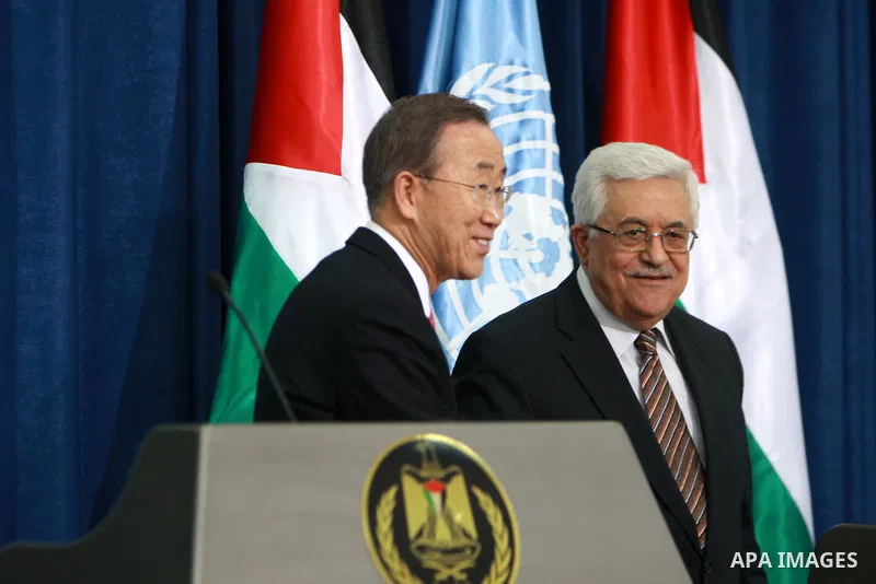 Palestinian President Mahmoud Abbas and U.N. Secretary-General Ban Ki-moon hold a news conference after their meeting in the West Bank city of Ramallah February 1, 2012. Ban urged Israeli Prime Minister Benjamin Netanyah...