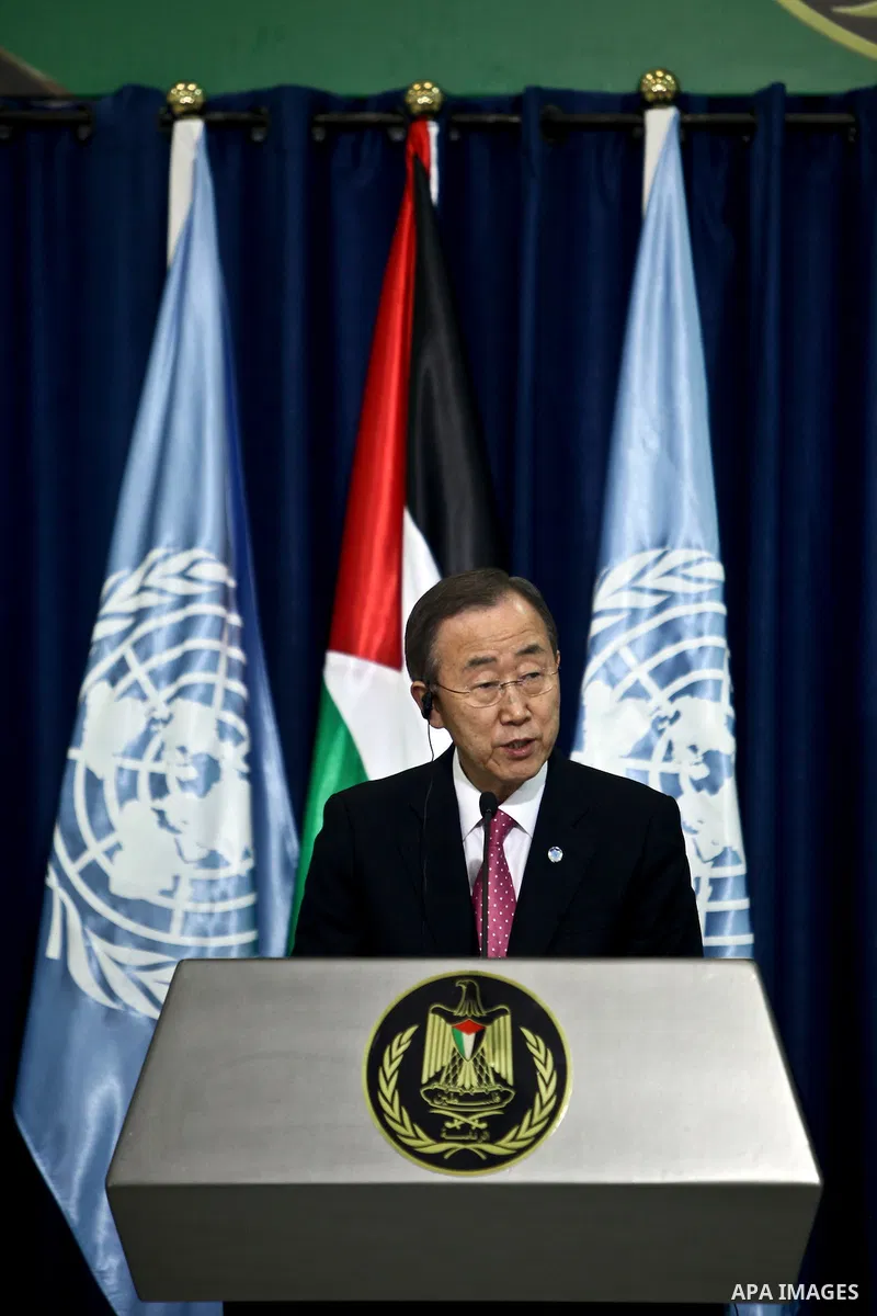 United Nations Secretary-General Ban Ki-moon speaks during a joint press conference with Palestinian president Mahmud Abbas (not seen) in the West Bank city of Ramallah on February 1, 2012. Ban called on Israel to create...