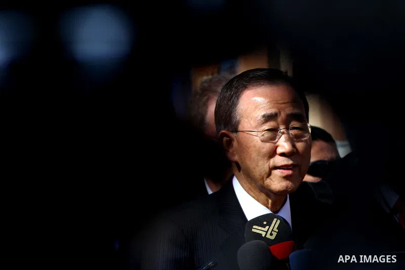 UN secretary general Ban Ki-moon speaks during a press conference as he visits the construction site of a housing project in Khan Yunis in the southern Gaza Strip on February 2, 2012. Protesters threw shoes, sand and sma...