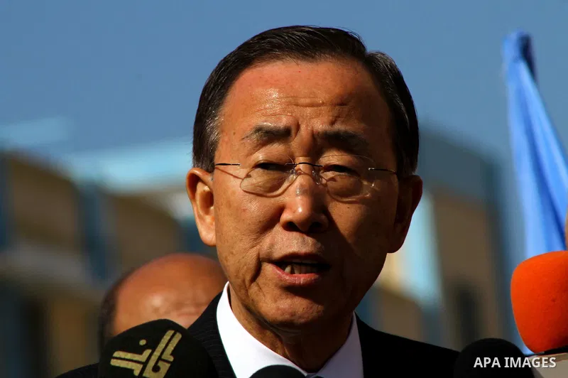 UN secretary general Ban Ki-moon speaks during a press conference as he visits the construction site of a housing project in Khan Yunis in the southern Gaza Strip on February 2, 2012. Protesters threw shoes, sand and sma...