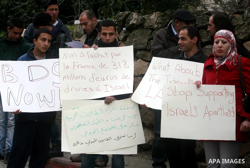 Palestinians hold banners during a demonstration in front of the French Cultural Center in the West Bank city of Ramallah on February 2, 2012, to protest against the drones deal that France intends to purchase from Israe...