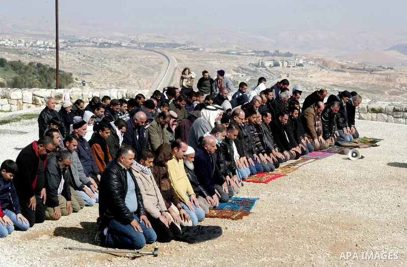 Palestinian demonstrators pray in the East Jerusalem neighbourhood of Issawiya and grow an olives trees on february 3, 2012. in protest against a decision by the Jerusalem municipality and Israel's Nature and Parks Autho...