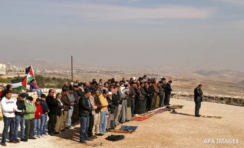 Palestinian demonstrators pray in the East Jerusalem neighbourhood of Issawiya and grow an olives trees on february 3, 2012. in protest against a decision by the Jerusalem municipality and Israel's Nature and Parks Autho...