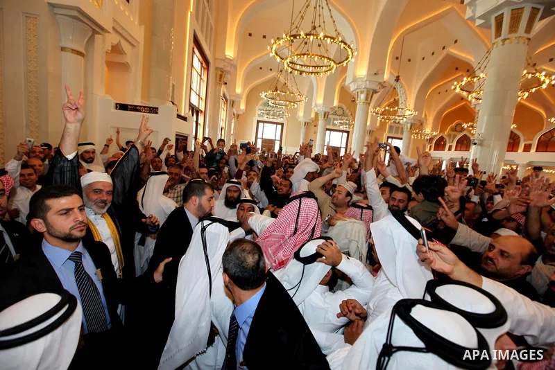 Palestinian Prime Minister in Gaza Strip, Ismail Haniyah, attend Friday prayers in the mosque of Muhammad ibn Abed al-Wahhab in the Qatari capital of Doha on Feb. 03, 2012. Photo by Mohammed Al-Ostaz
