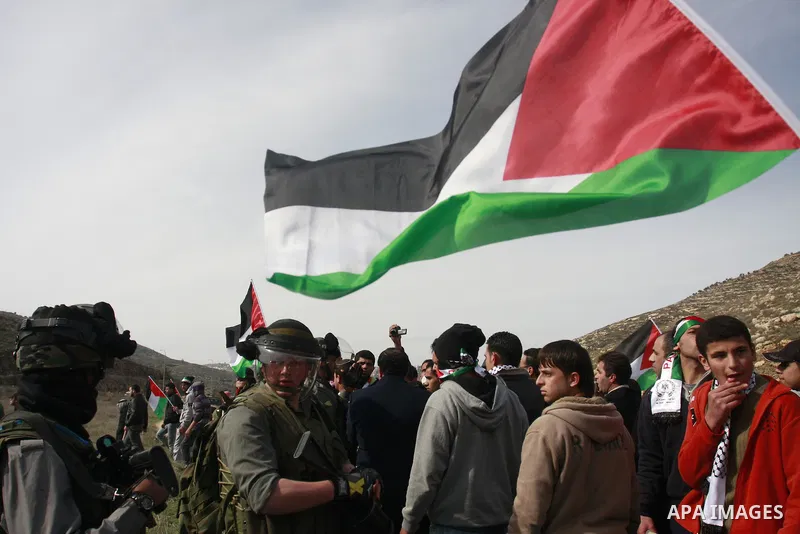 Palestinians holds national flag, during a protest in the Village Qaryut , near the Israeli settlement of Ali, in the northern West Bank, Friday, Feb. 03, 2012. Photo by Wagdi Eshtayah
