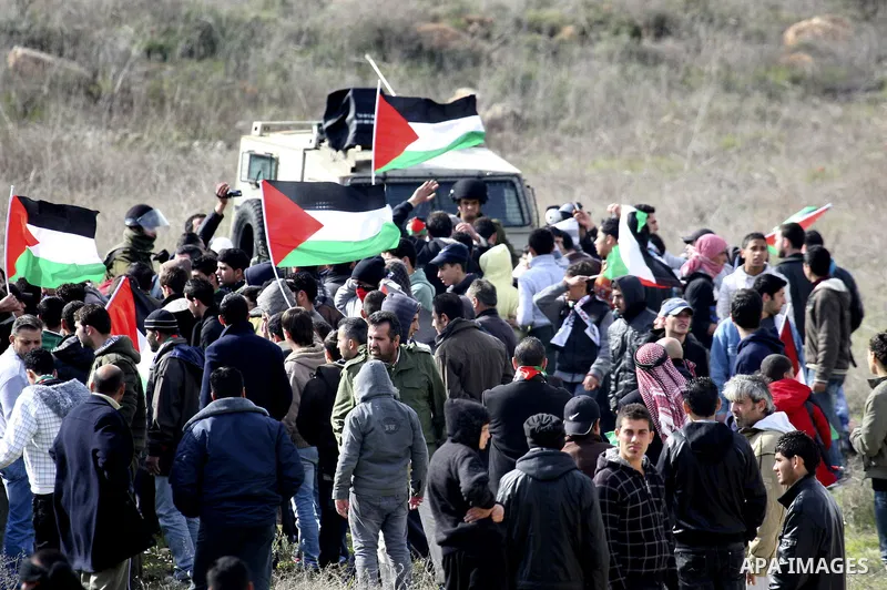 Palestinians holds national flag, during a protest in the Village Qaryut , near the Israeli settlement of Ali, in the northern West Bank, Friday, Feb. 03, 2012. Photo by Wagdi Eshtayah