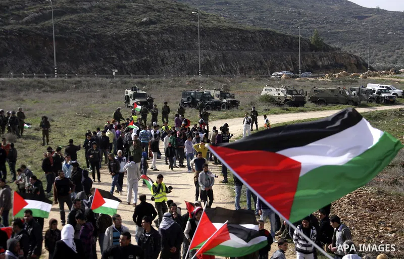 Palestinians holds national flag, during a protest in the Village Qaryut , near the Israeli settlement of Ali, in the northern West Bank, Friday, Feb. 03, 2012. Photo by Wagdi Eshtayah