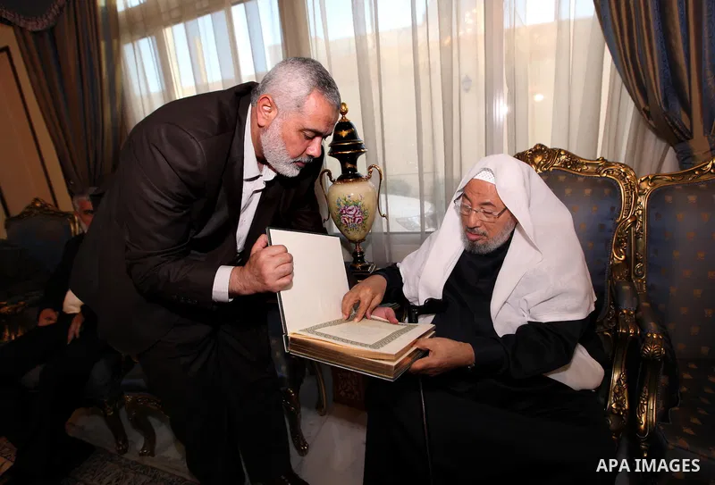 Palestinian Prime Minister in Gaza Strip, Ismail Haniyah, Visit Shaykh ,Yusuf al-Qaradawi, in the Qatari capital of Doha on Feb. 03, 2012. Photo by Mohammed Al-Ostaz