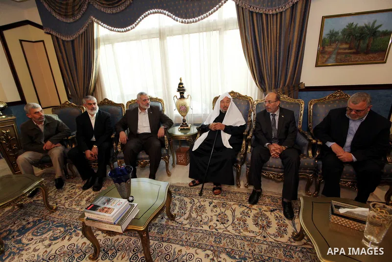 Palestinian Prime Minister in Gaza Strip, Ismail Haniyah, Visit Shaykh ,Yusuf al-Qaradawi, in the Qatari capital of Doha on Feb. 03, 2012. Photo by Mohammed Al-Ostaz