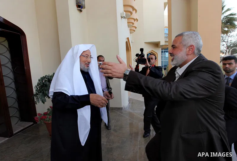 Palestinian Prime Minister in Gaza Strip, Ismail Haniyah, Visit Shaykh ,Yusuf al-Qaradawi, in the Qatari capital of Doha on Feb. 03, 2012. Photo by Mohammed Al-Ostaz