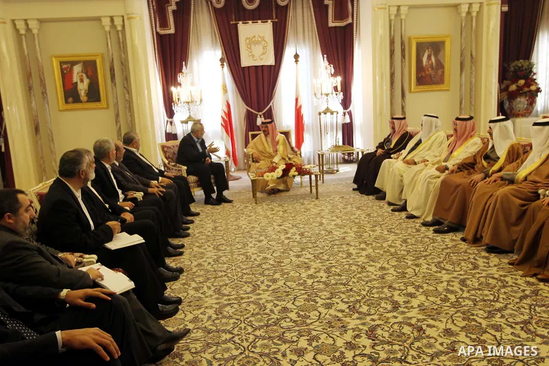 Palestinian Prime Minister in Gaza Strip, Ismail Haniyah meets with Bahrain's King Hamad bin Isa Al Khalifa, in the Bahraini capital of Manama on Feb. 4, 2012. Photo by Mohammed Al-Ostaz