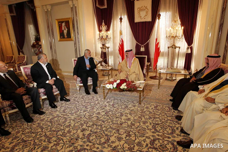 Palestinian Prime Minister in Gaza Strip, Ismail Haniyah meets with Bahrain's King Hamad bin Isa Al Khalifa, in the Bahraini capital of Manama on Feb. 4, 2012. Photo by Mohammed Al-Ostaz