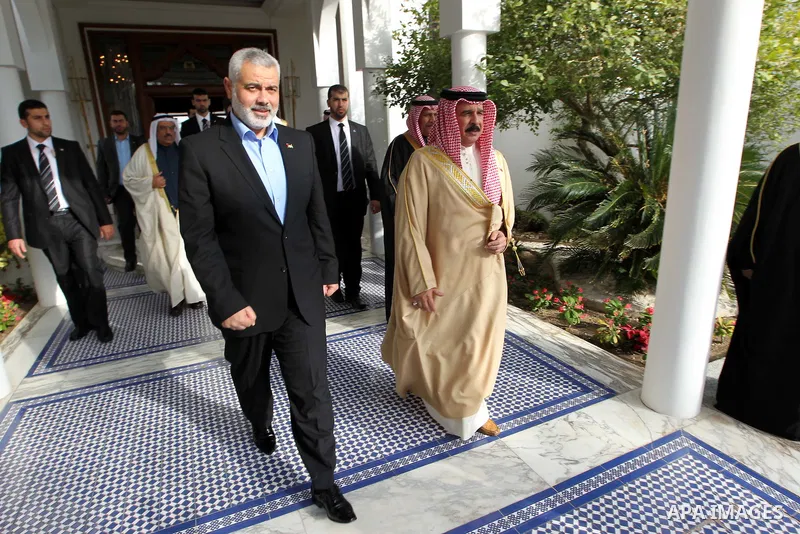 Palestinian Prime Minister in Gaza Strip, Ismail Haniyah meets with Bahrain's King Hamad bin Isa Al Khalifa, in the Bahraini capital of Manama on Feb. 4, 2012. Photo by Mohammed Al-Ostaz