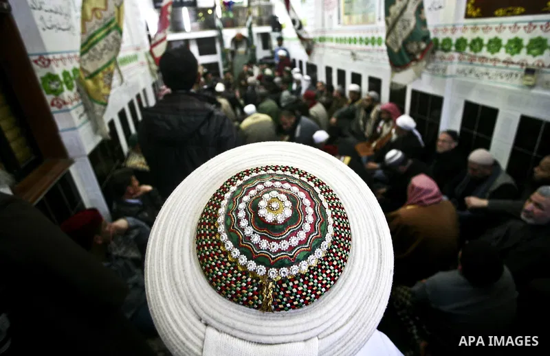 Members of a palestinian Sufi Muslim group play traditional instruments during the birthday of Prophet Mohammad, in Al-Nusirat refugee camp on 04 February 2012. Muslims across the world celebrated the birth of the Prophe...