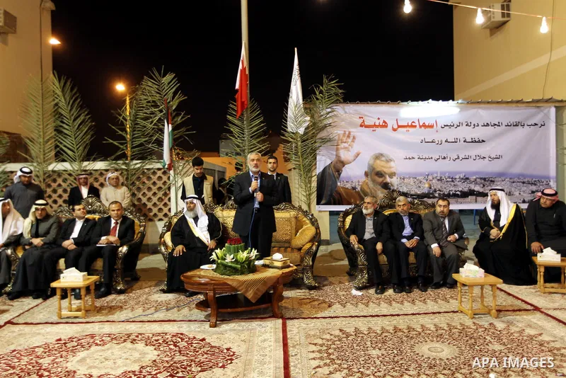 Palestinian Prime Minister in Gaza Strip, Ismail Haniyah, gestures as he speaks in front of Bahraini officials and citizens in the Bahraini capital of Manama on Feb.05, 2012. Photo by Mohammed Al-Ostaz