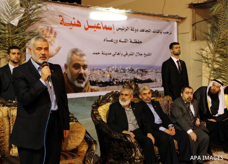 Palestinian Prime Minister in Gaza Strip, Ismail Haniyah, gestures as he speaks in front of Bahraini officials and citizens in the Bahraini capital of Manama on Feb.05, 2012. Photo by Mohammed Al-Ostaz