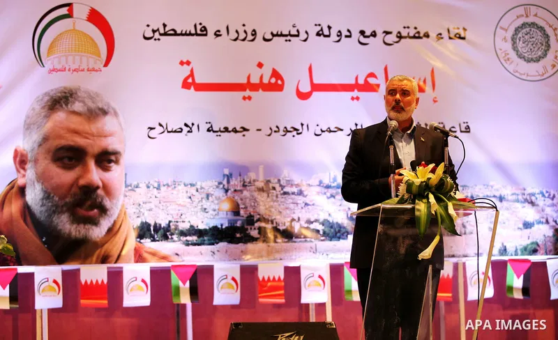Palestinian Prime Minister in Gaza Strip, Ismail Haniyah, gestures as he speaks in front of Bahraini officials and citizens in the Bahraini capital of Manama on Feb.05, 2012. Photo by Mohammed Al-Ostaz