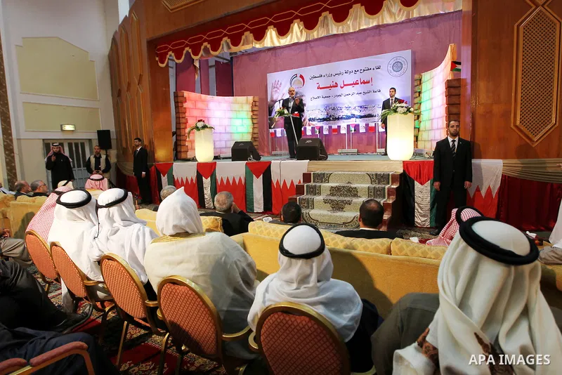 Palestinian Prime Minister in Gaza Strip, Ismail Haniyah, gestures as he speaks in front of Bahraini officials and citizens in the Bahraini capital of Manama on Feb.05, 2012. Photo by Mohammed Al-Ostaz