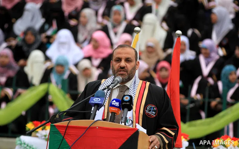 Palestinian minister of youth and sport, Mohammed al-Madhoun speaks during a graduation ceremony organized by Ministry of Youth and sport in Gaza city on Feb. 6,2012. Photo by Majdi Fathi