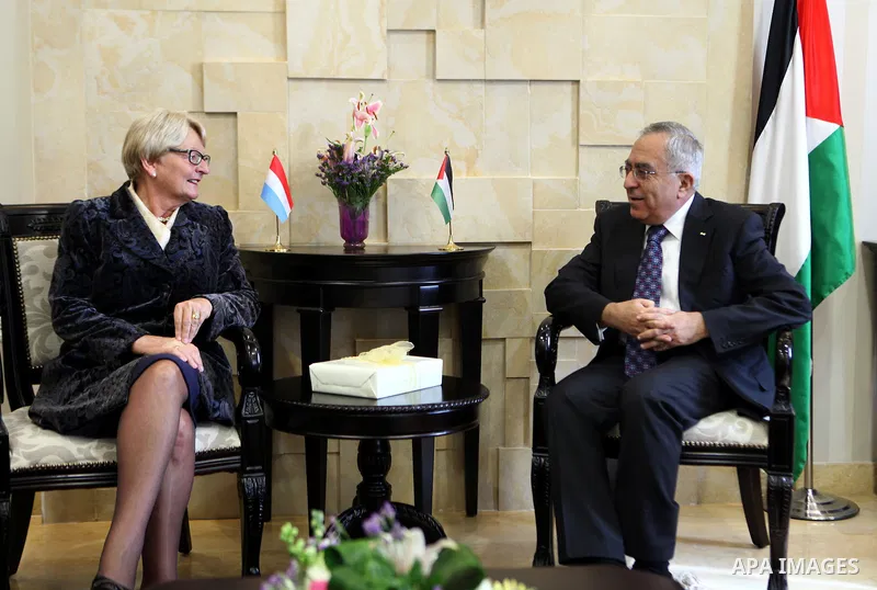 Palestinian Prime Minister, Salam Fayyad, receives the Minister of Development and International Cooperation of Luxembourg Maria Jose Jacob in the West Bank city of Ramallah, on Feb. 08, 2012. Photo by Mustafa Abu Dayeh