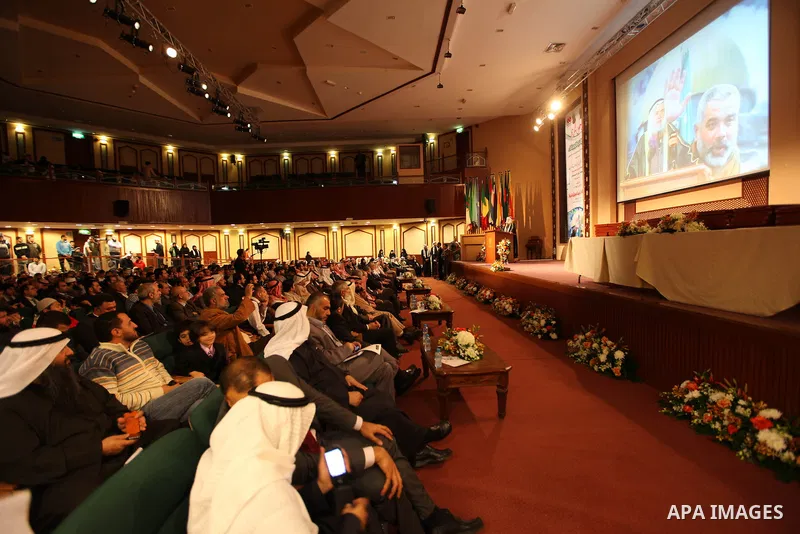 The Hamas prime minister in Gaza, Ismail Haniya, (not seen) attends a ceremony honouring him at the International Islamic Charitable Organization in Kuwait City on February 8, 2012. Photo by Mohammed Al-Ostaz