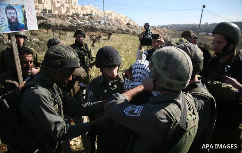 Israeli soldiers arrest a demonstrator during scuffles with Palestinians in a weekly protest against Israel's controversial separation barrier in the West Bank village of Beit Omar, close to city of Hebron and the settle...
