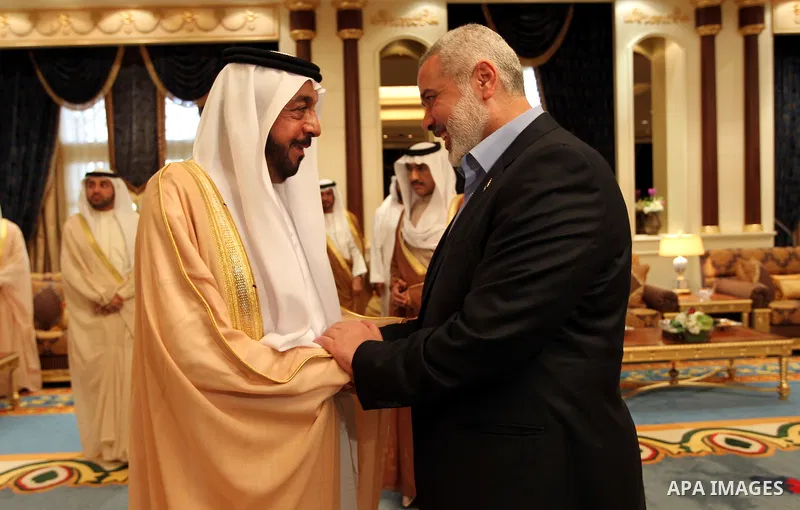 President of the United Arab Emirates receives, prime minister of the Gaza strip and leading member of the Hamas movement, Ismail Haniyeh during his access to Emirates, On Feb. 13, 2012. Photo by Mohammed Al-Ostaz