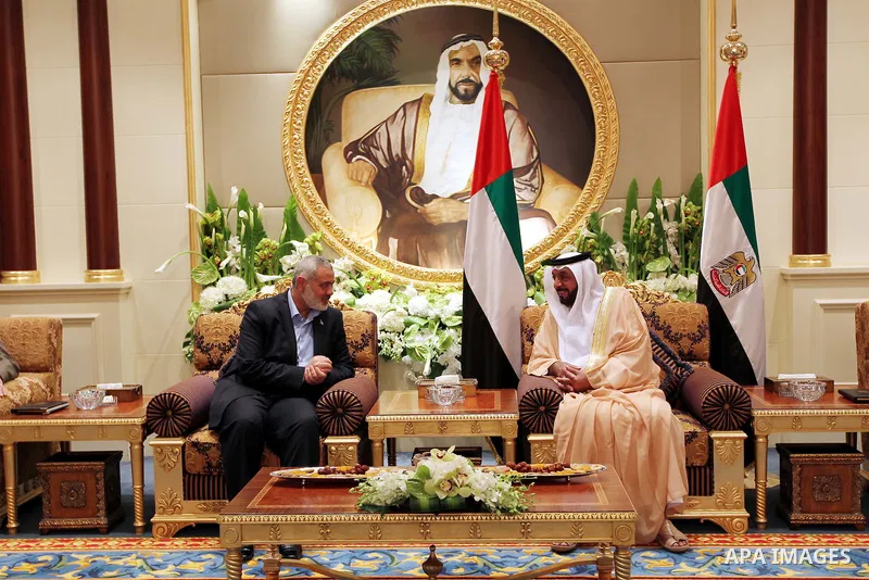 President of the United Arab Emirates receives, prime minister of the Gaza strip and leading member of the Hamas movement, Ismail Haniyeh during his access to Emirates, On Feb. 13, 2012. Photo by Mohammed Al-Ostaz