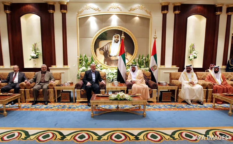President of the United Arab Emirates receives, prime minister of the Gaza strip and leading member of the Hamas movement, Ismail Haniyeh during his access to Emirates, On Feb. 13, 2012. Photo by Mohammed Al-Ostaz