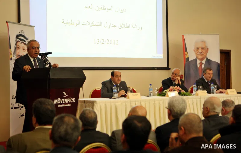 Palestinian Prime Minister, Salam Fayyad, delivers speech during Ceremony tables Jobs in government departments in the West Bank city of Ramallah on Feb. 13, 2012. Photo by Mustafa Abu Dayeh.