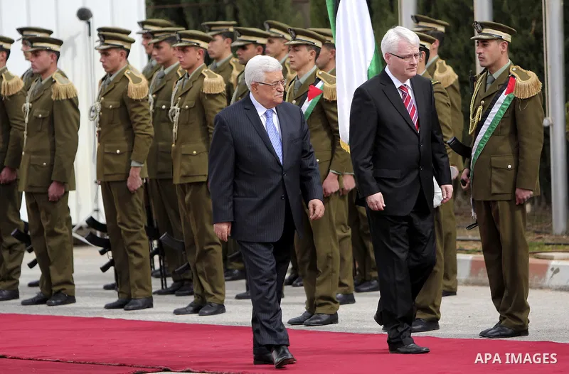 Palestinian President Mahmoud Abbas (Abu Mazen), meets with the Croatian President Ivo Jusypovic, in the West Bank City Of Ramallah on Feb. 14, 2012. Photo by Issam Rimawi
