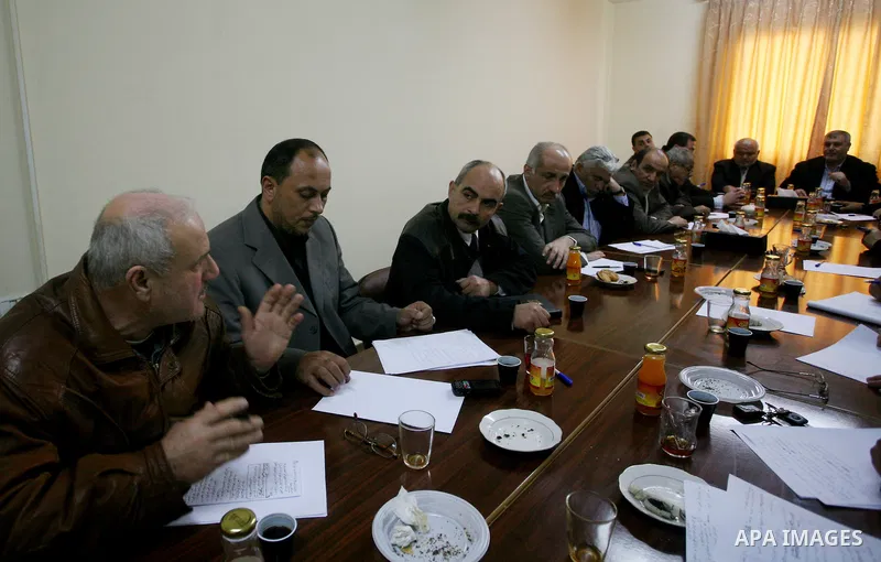 Palestinian factions leaders attend a meeting to discuss the issue of the Palestinian prisoner Khader Adnan, 33 jailed in Israel a jailed senior member of Islamic Jihad who has been on hunger strike for nearly 60 days da...