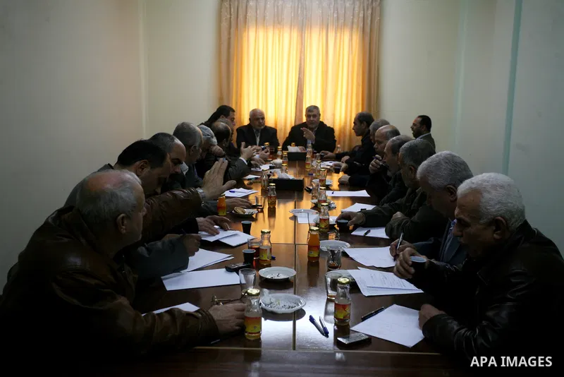 Palestinian factions leaders attend a meeting to discuss the issue of the Palestinian prisoner Khader Adnan, 33 jailed in Israel a jailed senior member of Islamic Jihad who has been on hunger strike for nearly 60 days da...