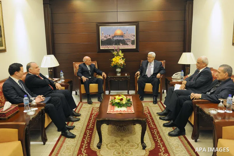 Palestinian President, Mahmoud Abbas (Abu Mazen), during a meeting with official Middle East Studies Center for Peace in Washington, Danny Abraham, in the West Bank city of Ramallah on Feb 15, 2012. Photo by Thaer Ghanai...