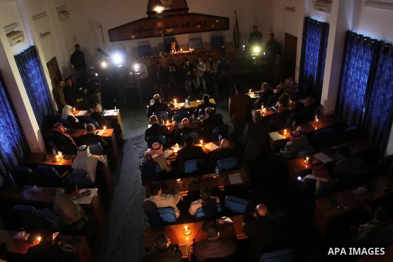 Palestinian Legislative Council members of the mass of change and reform during a meeting to discuss issue a power cut in Gaza City on Feb. 16, 2012. Photo by Mohammed Asad