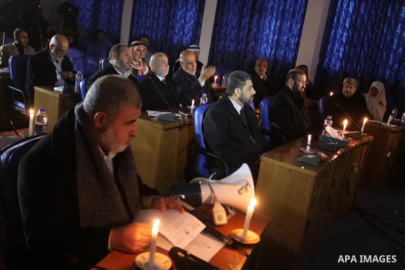 Palestinian Legislative Council members of the mass of change and reform during a meeting to discuss issue a power cut in Gaza City on Feb. 16, 2012. Photo by Mohammed Asad