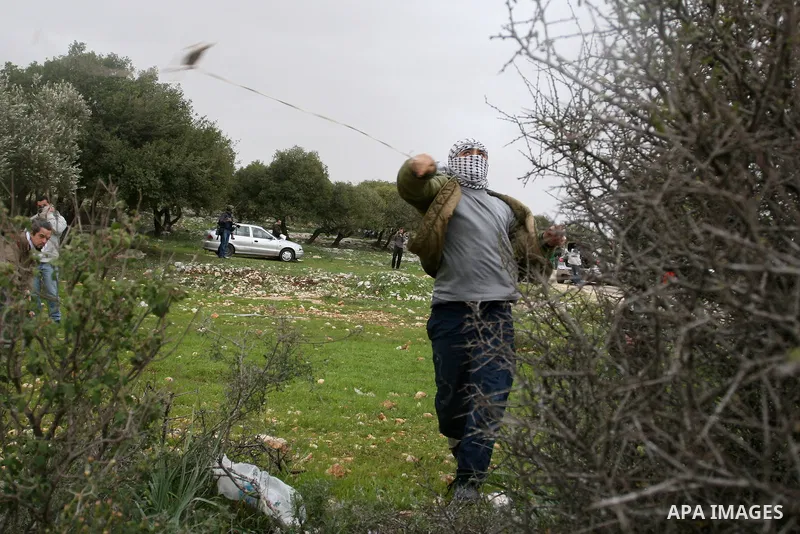Palestinian throw stones at Israeli soldiers (not pictured) during a protest in the West Bank village of Billin, next to the Israeli settlement of Kereat Sefir, 17 February 2012, during a protest calling for the release...