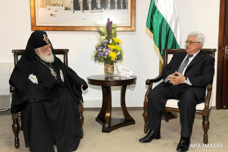 Palestinian President Mahmoud Abbas (Abu Mazen) meets with Patriarch Omom Georgia Ilya Al thani in the West bank City of Ramallah on Feb. 18, 2012. Photo by Thaer Ganaim