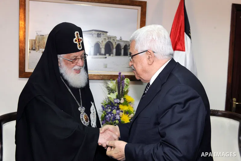 Palestinian President Mahmoud Abbas (Abu Mazen) meets with Patriarch Omom Georgia Ilya Al thani in the West bank City of Ramallah on Feb. 18, 2012. Photo by Thaer Ganaim